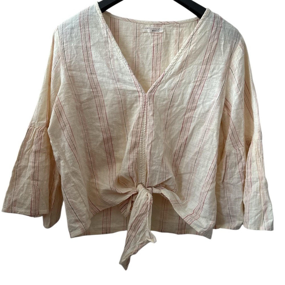 Lovestitch Women's Red & White Striped Boho Tie-Front Blouse Size‎ M